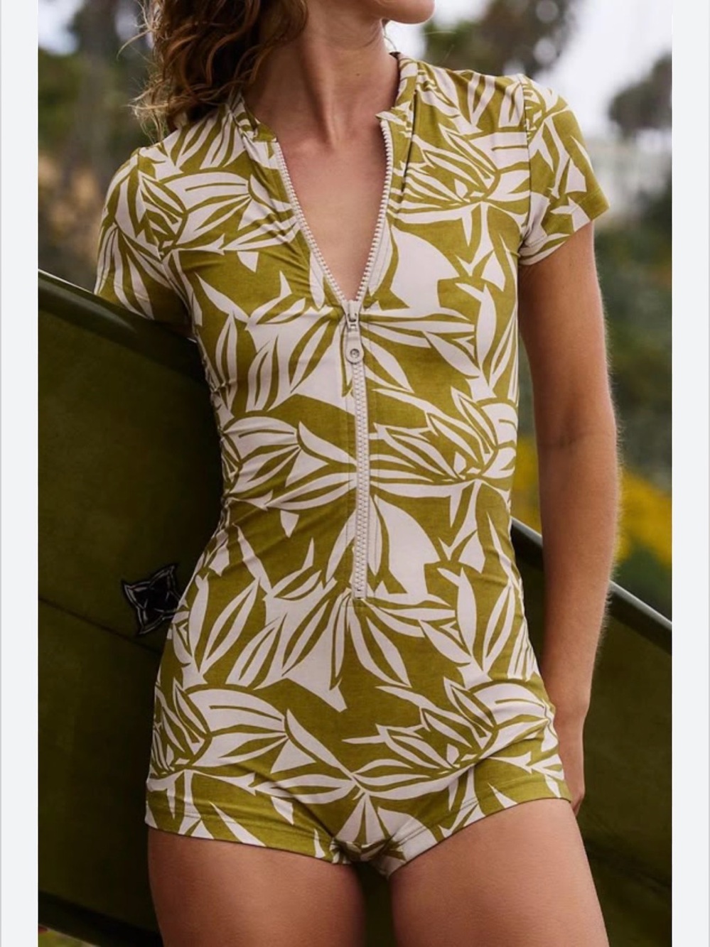 Stone Fox Swim Kiki romper one piece swimsuit high neck zip up green leafs XS